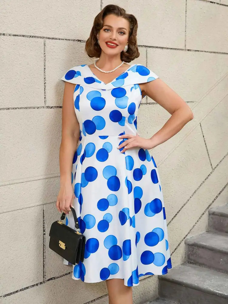 V Neck Polka Dot A Line Retro Floral Work Dress