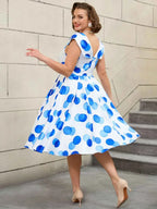 V Neck Polka Dot A Line Retro Floral Work Dress