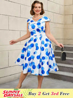 V Neck Polka Dot A Line Retro Floral Work Dress