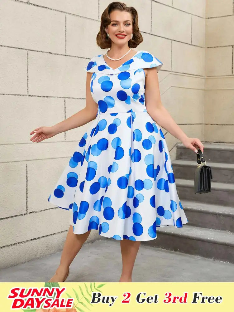 V Neck Polka Dot A Line Retro Floral Work Dress