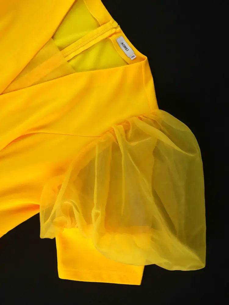 V Neck Puff Sleeve Tiered A Line Yellow Guest Dress