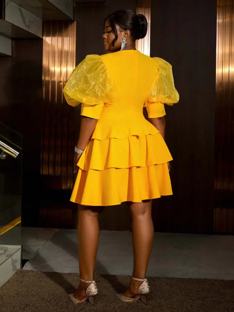 V Neck Puff Sleeve Tiered A Line Yellow Guest Dress