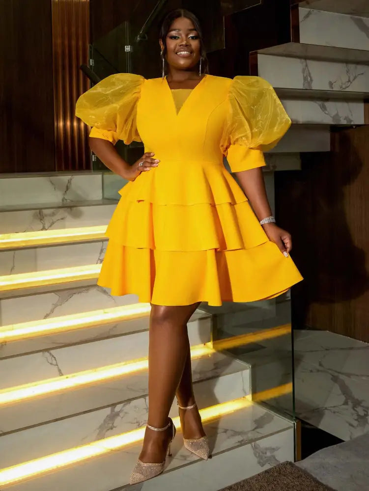 V Neck Puff Sleeve Tiered A Line Yellow Guest Dress