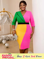 V Neck Three Quarter Sleeves Color Block Bodycon Dress