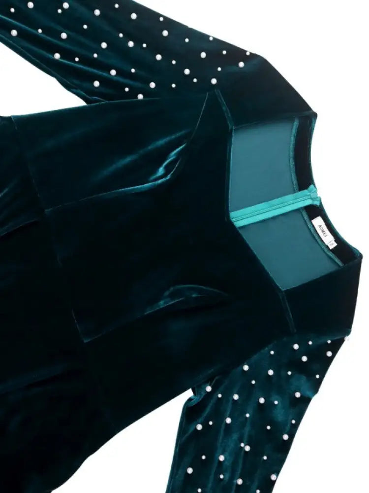 Velvet Dress Square Collar Long Sleeves Nail Bead Peplum