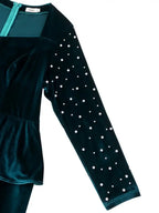 Velvet Dress Square Collar Long Sleeves Nail Bead Peplum