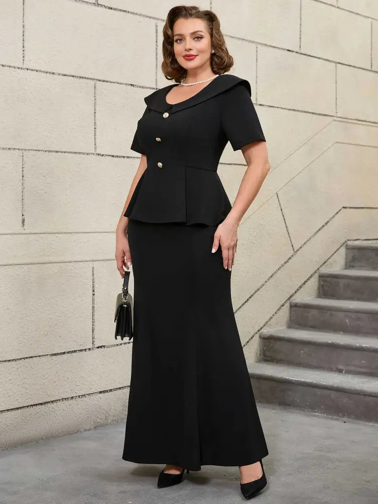 Vintage Black Mermaid Skirt Set with Ruffle Hem Sleeves Long Black Dress