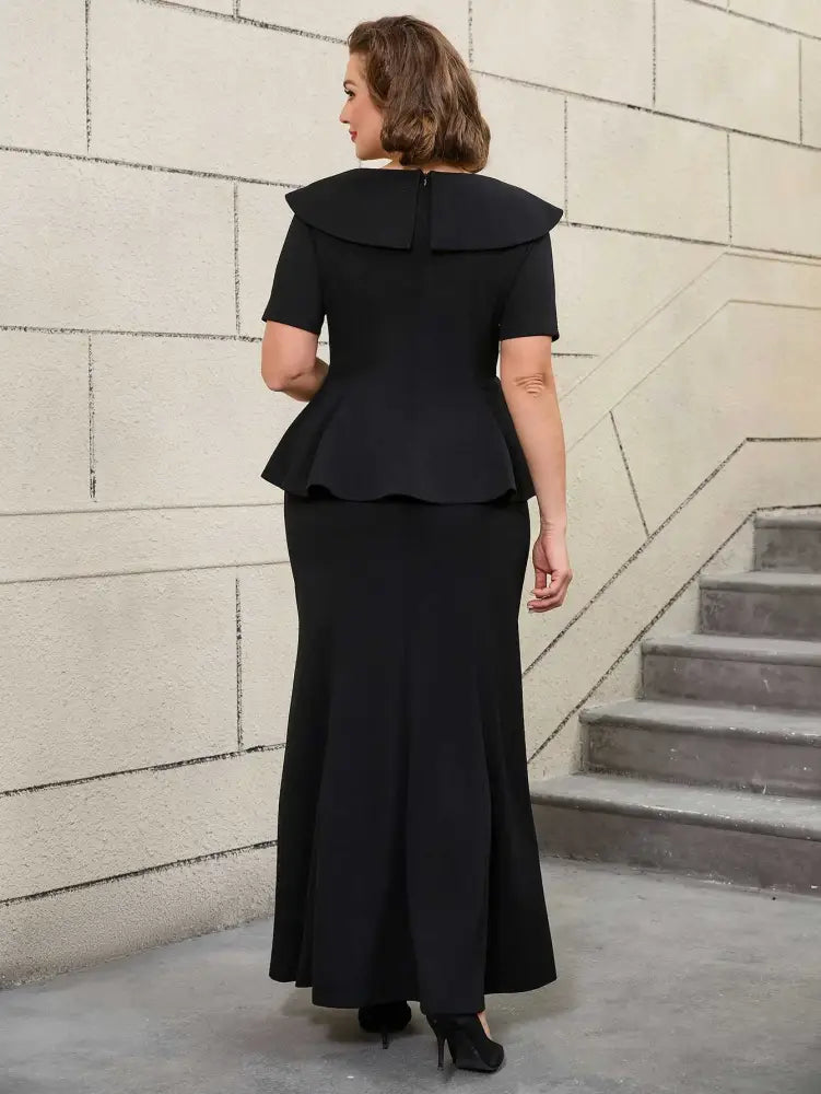 Vintage Black Mermaid Skirt Set with Ruffle Hem Sleeves Long Black Dress