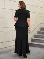 Vintage Black Mermaid Skirt Set with Ruffle Hem Sleeves Long Black Dress