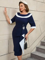 Vintage Contrast Beaded Boat Neck Slim Fit Dress
