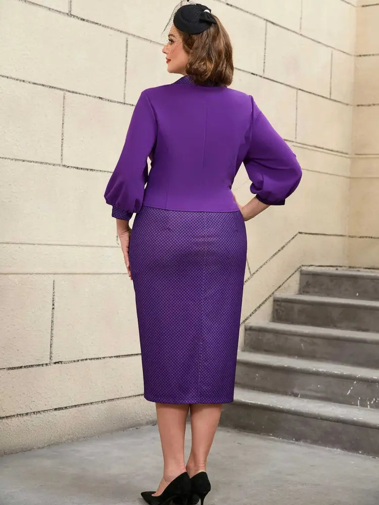 Vintage Digital Print Collar Midi Dress Set Office Style
