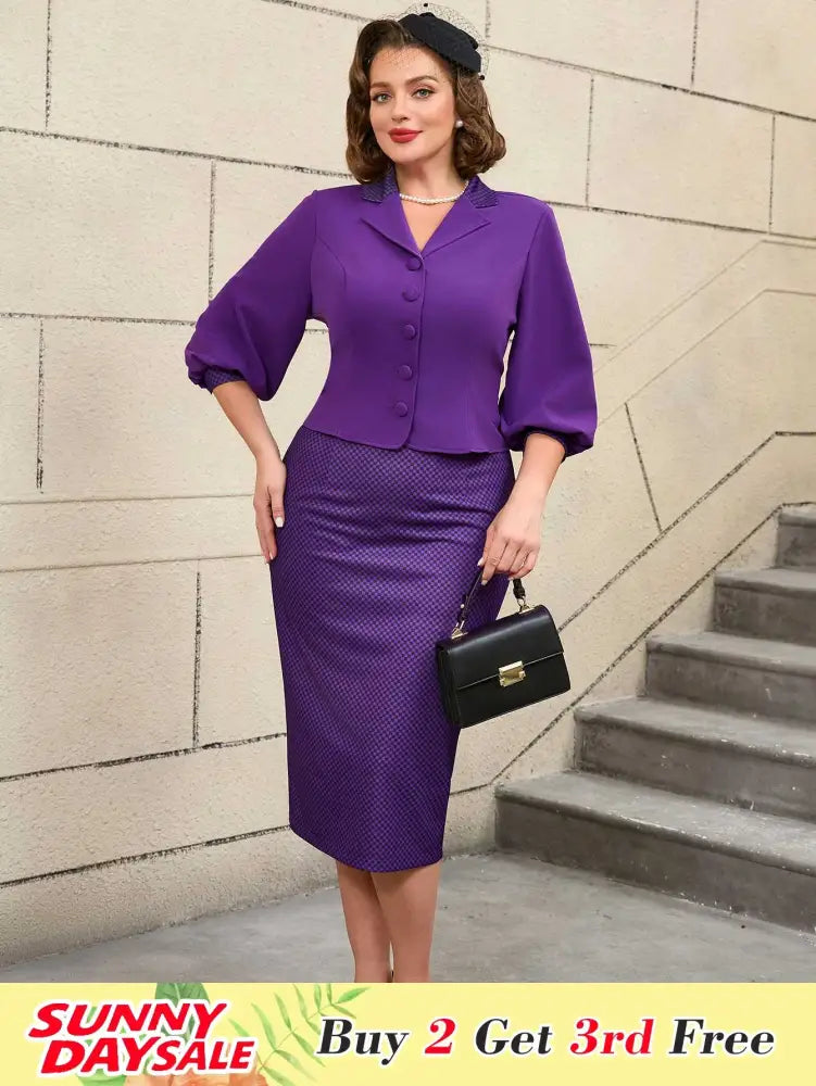 Vintage Digital Print Collar Midi Dress Set Office Style