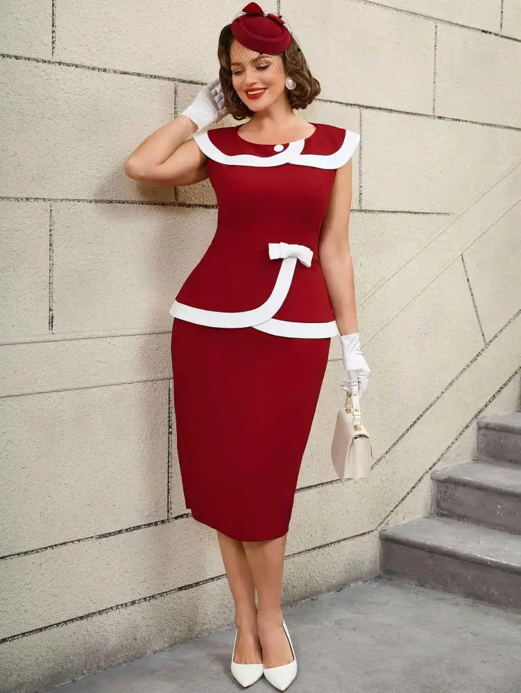 Vintage Dresses Turn Down Collar Colorblock Plus Size Wedding Guest Dresses