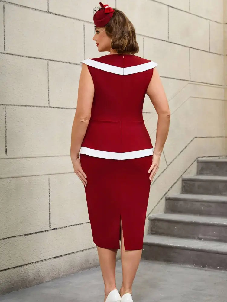 Vintage Dresses Turn Down Collar Colorblock Plus Size Wedding Guest Dresses