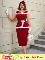 Vintage Dresses Turn Down Collar Colorblock Plus Size Wedding Guest Dresses