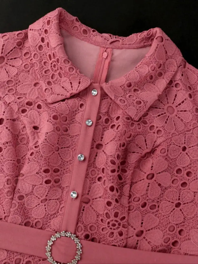 Vintage Lace Patchwork Dress Turn Down Collar Pleated Midi
