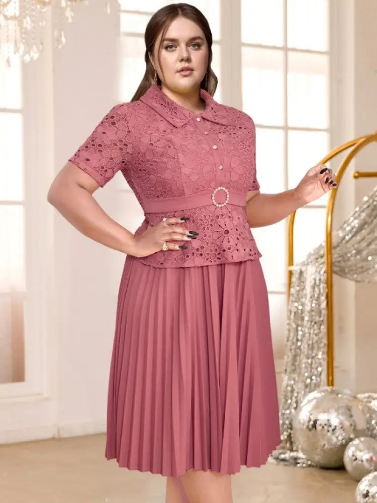 Vintage Lace Patchwork Dress Turn Down Collar Pleated Midi