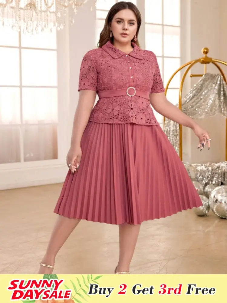Vintage Lace Patchwork Dress Turn Down Collar Pleated Midi