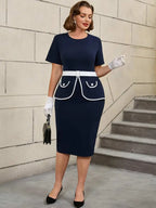 Vintage Midi Dress Colorblock Short Sleeve Bodycon Style