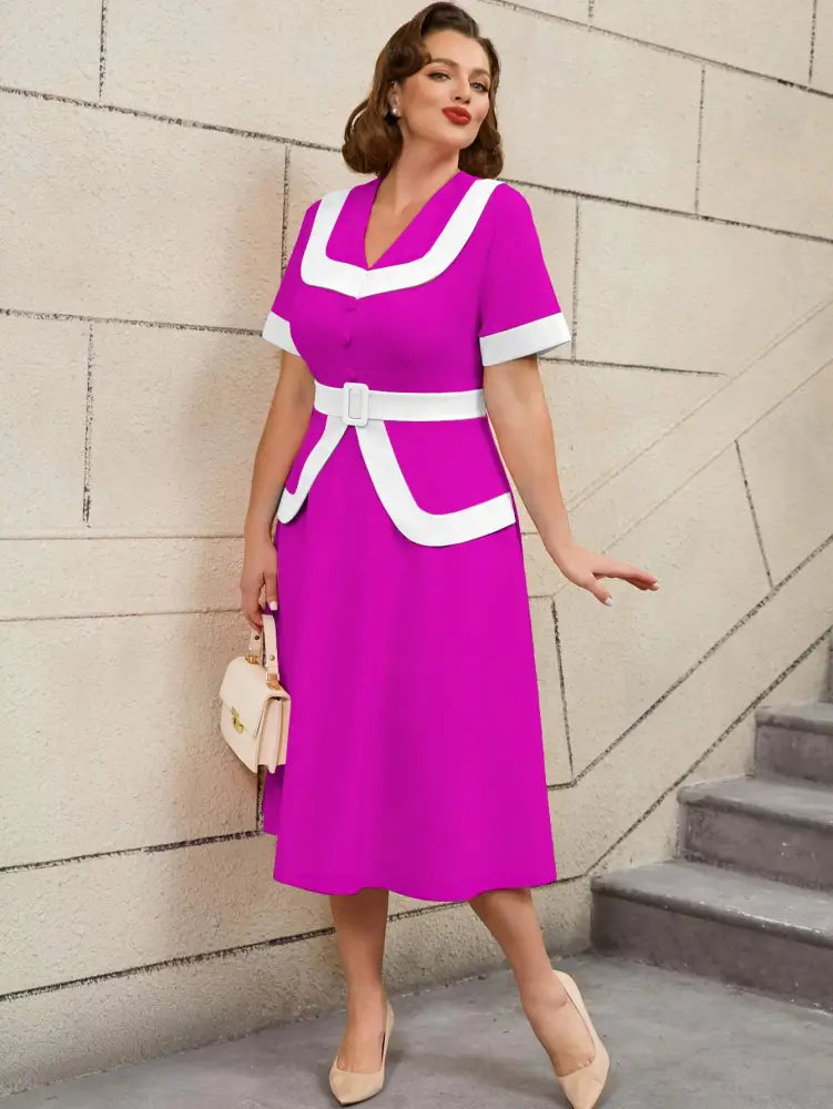 Vintage Pink Dress Colorblock A Line Spring Style