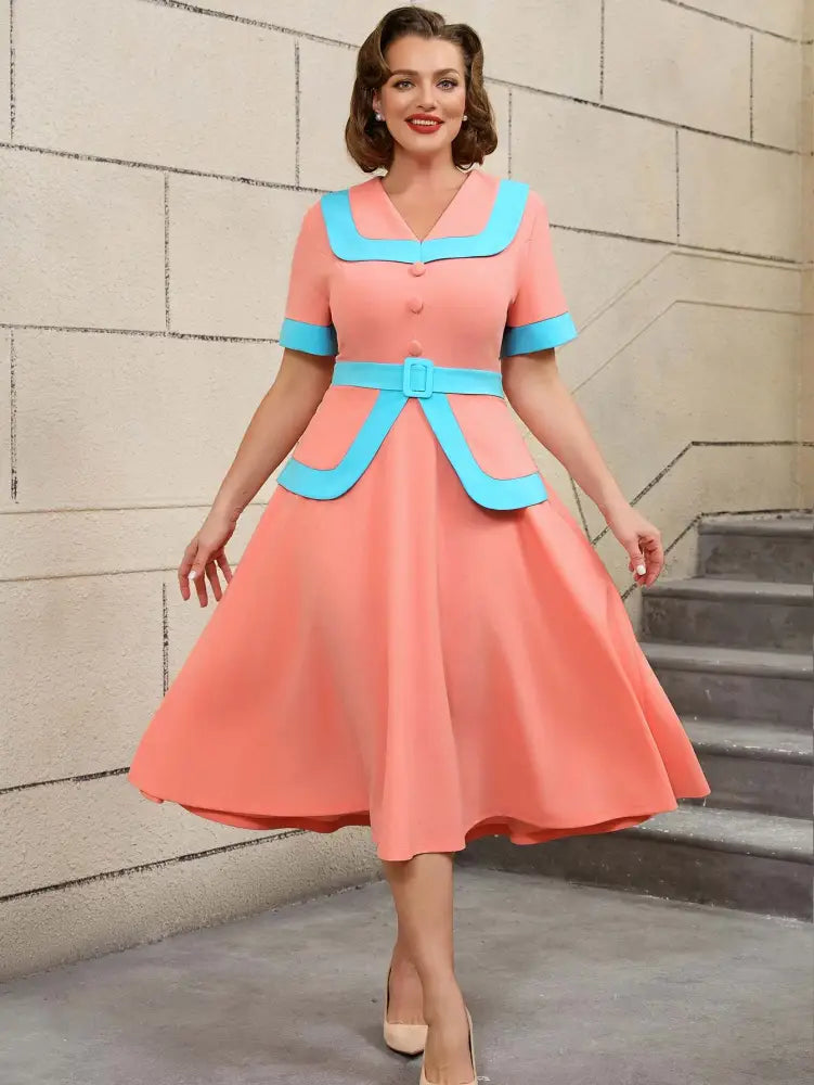 Vintage Pink Dress Colorblock A Line Spring Style