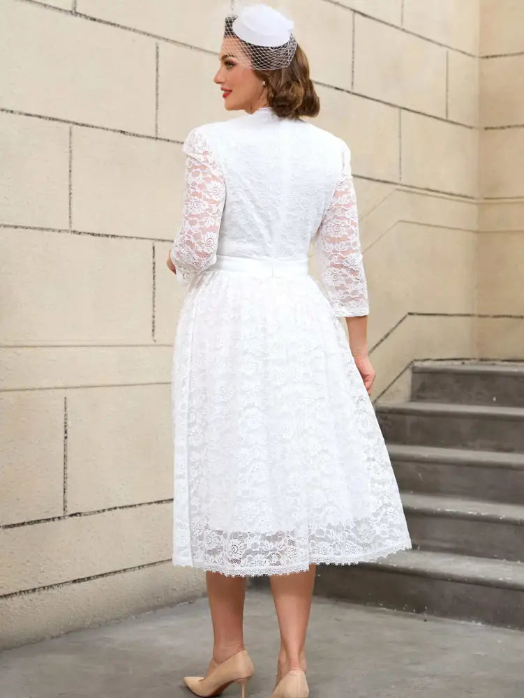 Vintage Style White Lace Dress with Long Sleeves for Women