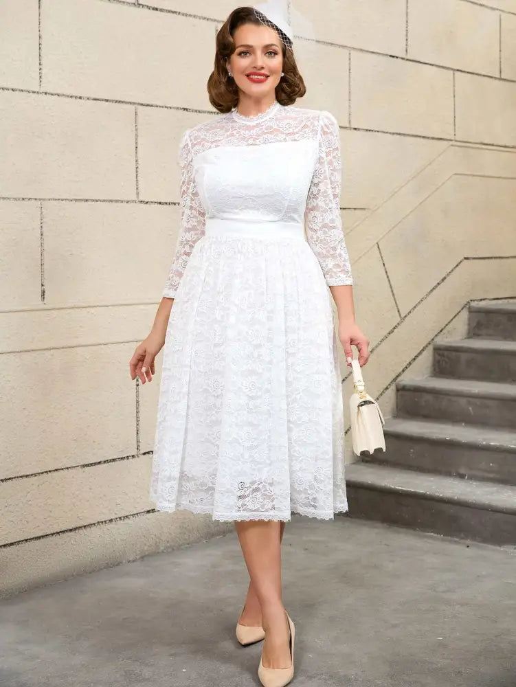 Vintage Style White Lace Dress with Long Sleeves for Women