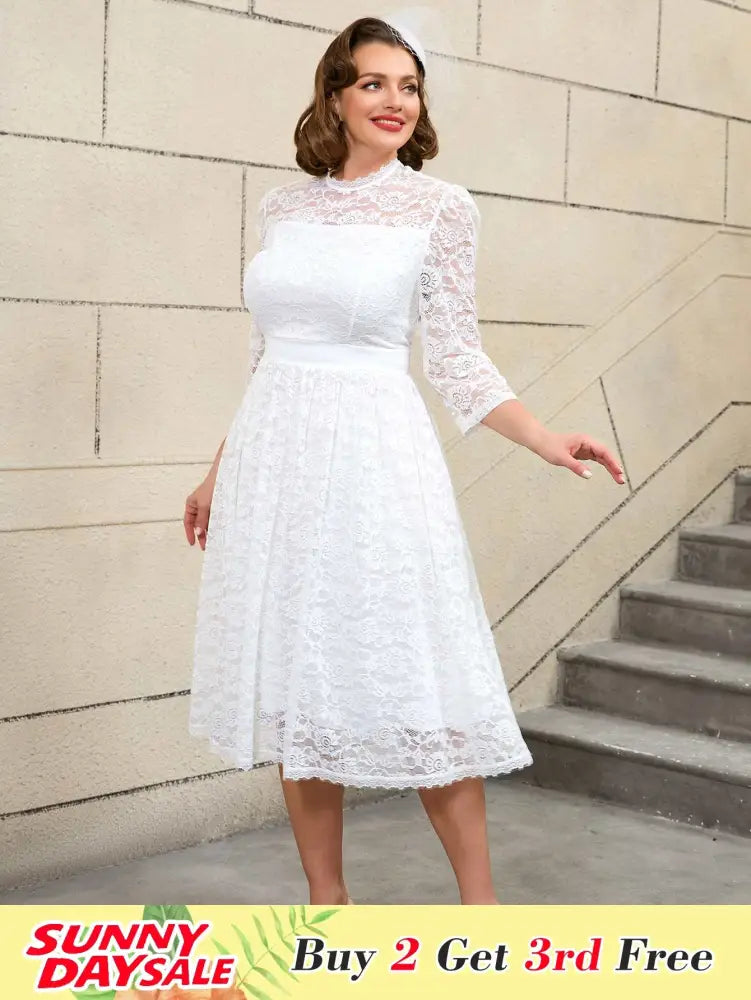 Vintage Style White Lace Dress with Long Sleeves for Women