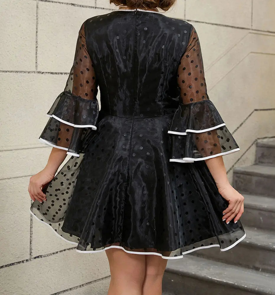 Vintage Swing Dress  A Line Dot Plus Size Bow Flare Sleeve