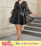 Vintage Swing Dress  A Line Dot Plus Size Bow Flare Sleeve
