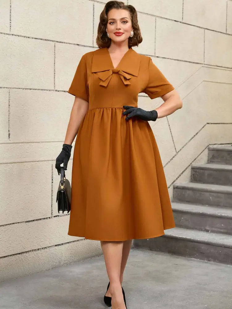 Vintage Turn Down Collar Bow Tie A Line Midi Dress