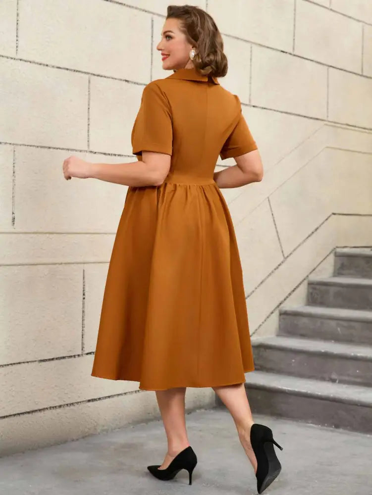 Vintage Turn Down Collar Bow Tie A Line Midi Dress