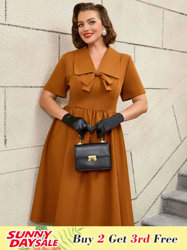 Vintage Turn Down Collar Bow Tie A Line Midi Dress