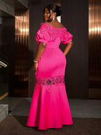 Wedding Guest mermaid Dresses Puff Sleeve Patchwork Lace