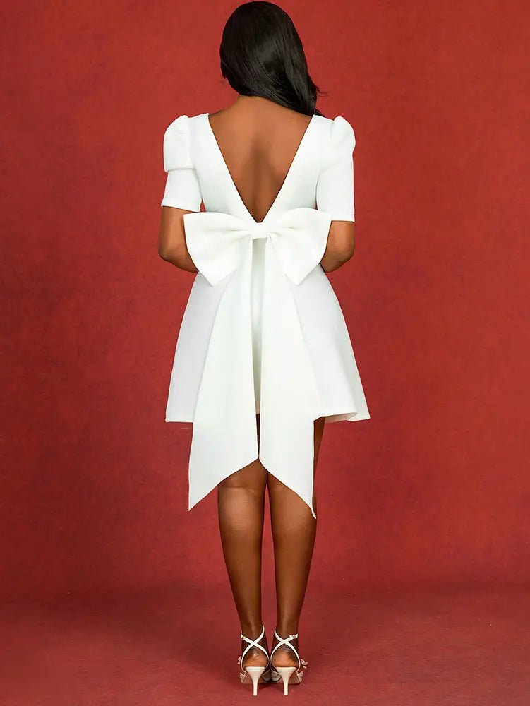 Wedding Short White Dress Backless Bow A Line Mini Dress