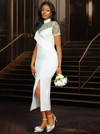White Bridal Shower Dress Lace Patchwork Package Hip Dress