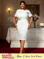 White Elegant Midi Modest Church Dress O Neck Package Hip