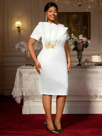 White Elegant Midi Modest Church Dress O Neck Package Hip