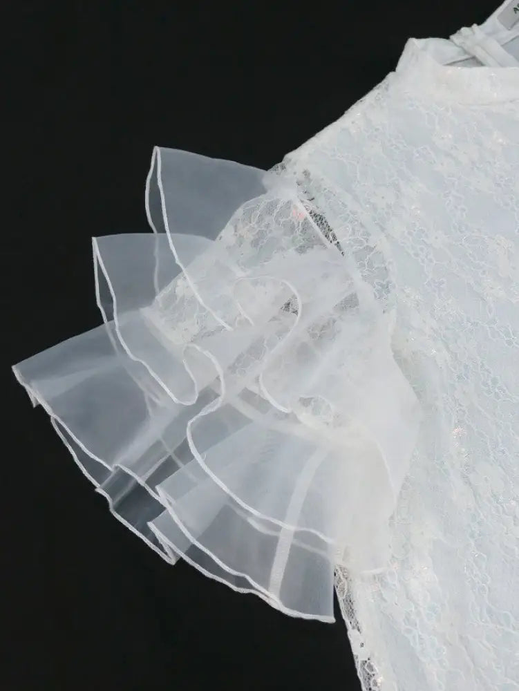 White Floral Lace Loose Dress Half High Collar Ruffles