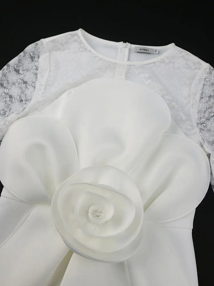 White Lace Bridal Dress Patchwork 3D Flower Long Sleeve