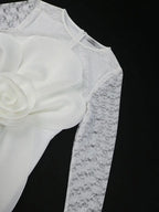 White Lace Bridal Dress Patchwork 3D Flower Long Sleeve