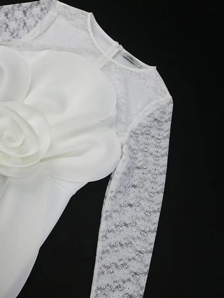 White Lace Bridal Dress Patchwork 3D Flower Long Sleeve