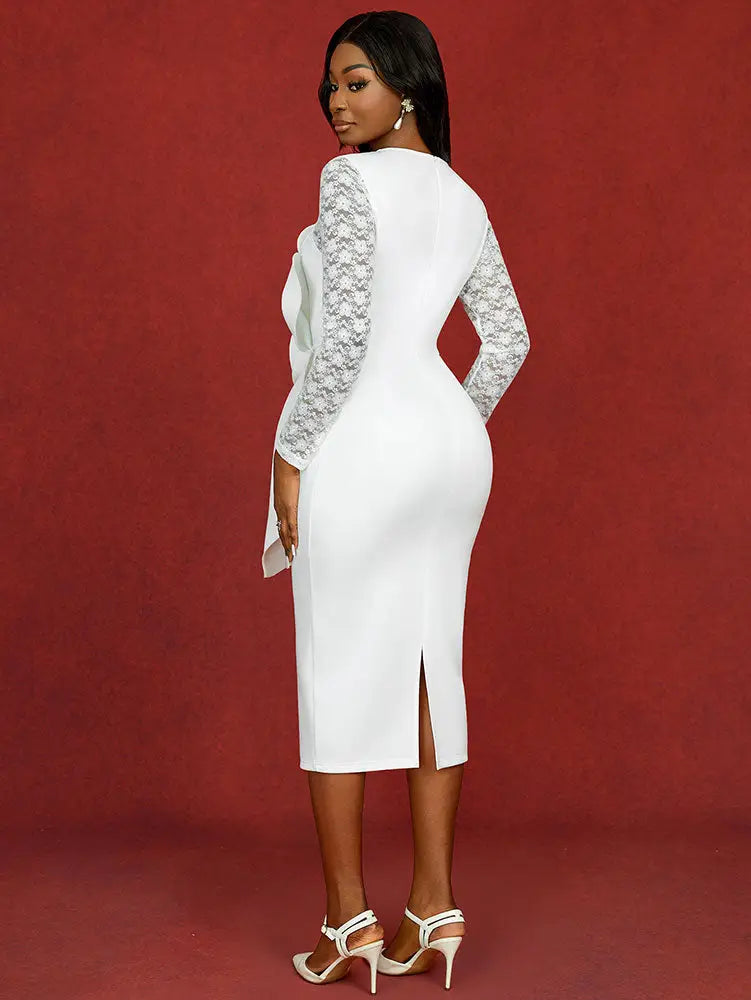 White Lace Bridal Dress Patchwork 3D Flower Long Sleeve