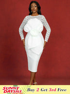 White Lace Bridal Dress Patchwork 3D Flower Long Sleeve