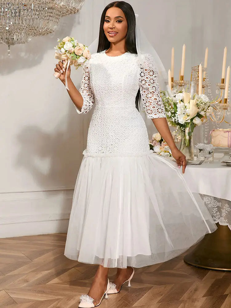 White Lace Bridal Shower Outfit A Line Patchwork Mesh Skirt