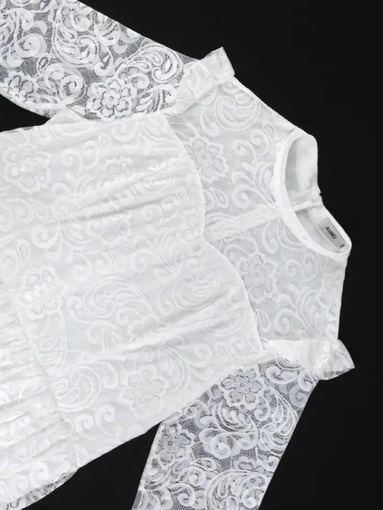 White Lace Cake Dress Long Sleeves Sheer High Waist A Line