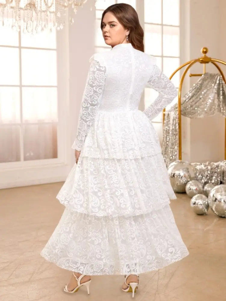 White Lace Cake Dress Long Sleeves Sheer High Waist A Line