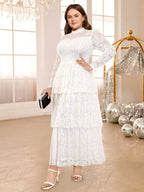 White Lace Cake Dress Long Sleeves Sheer High Waist A Line