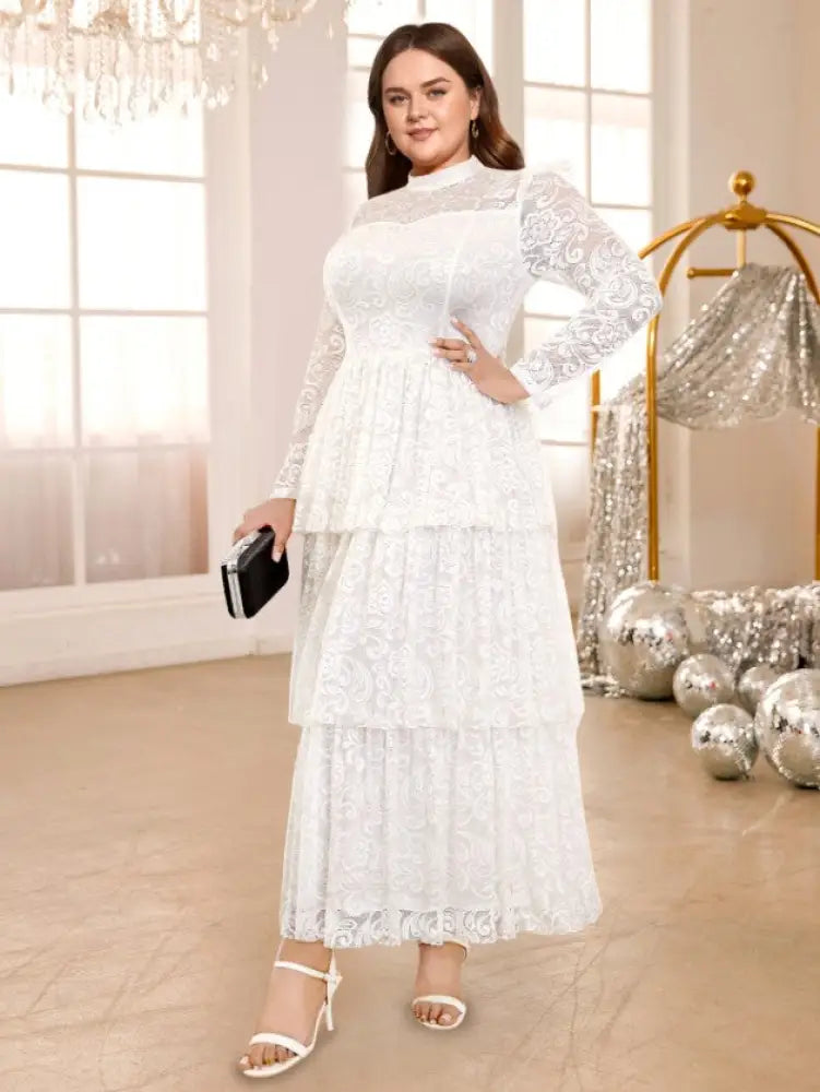 White Lace Cake Dress Long Sleeves Sheer High Waist A Line