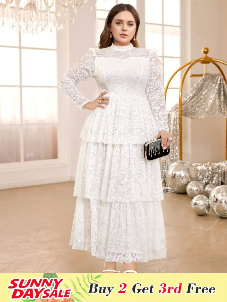 White Lace Cake Dress Long Sleeves Sheer High Waist A Line